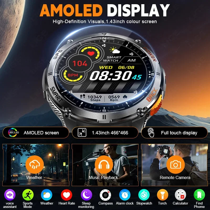 GPS Smart Watch Premium Military Outdoor Altimeter Barometer AMOLED Screen Built-in GPS & Compass Sports New Smartwatch Men