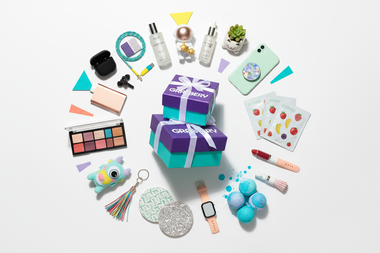 Maak een afbeelding voor Grabbery. Met gadgets, beauty en selfcare, en fun en gifts producten